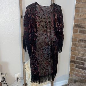 COPY - Sheer black and burgundy velvet fringe kimono
